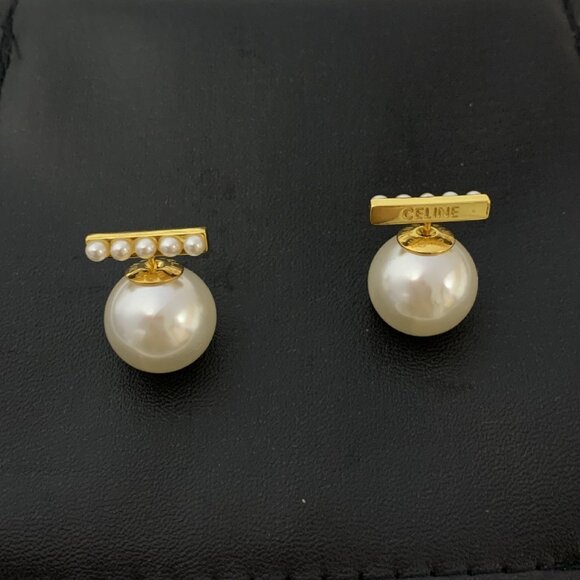 Celine Earrings in Brass with Gold Finish and Glass Pearls - Picture 1 of 5